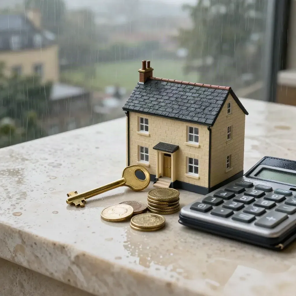 Brass key, model terraced house, calculator, coins and loan folder on rain-slick limestone.
