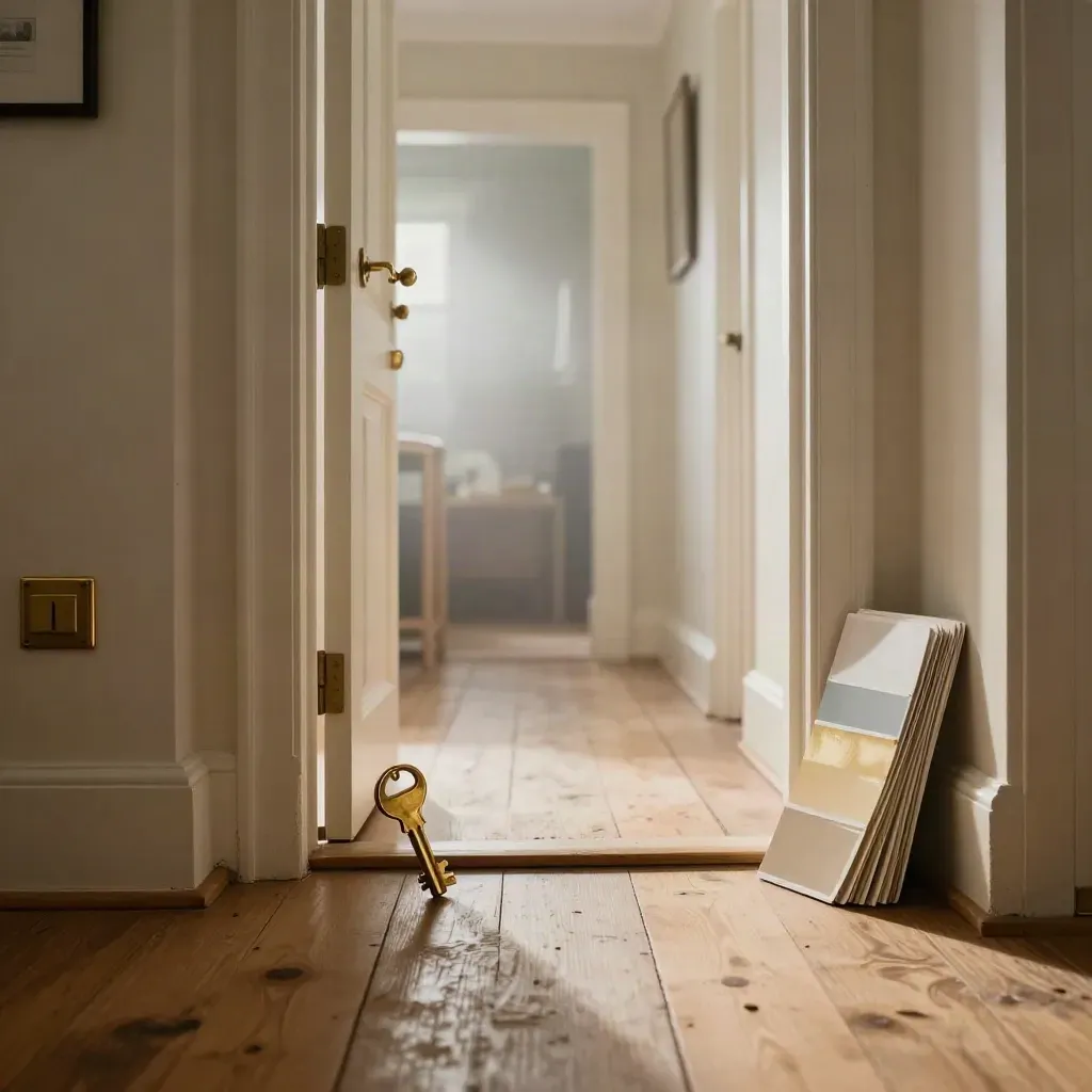Brass key, house model, and paint swatches by a misty open hallway door