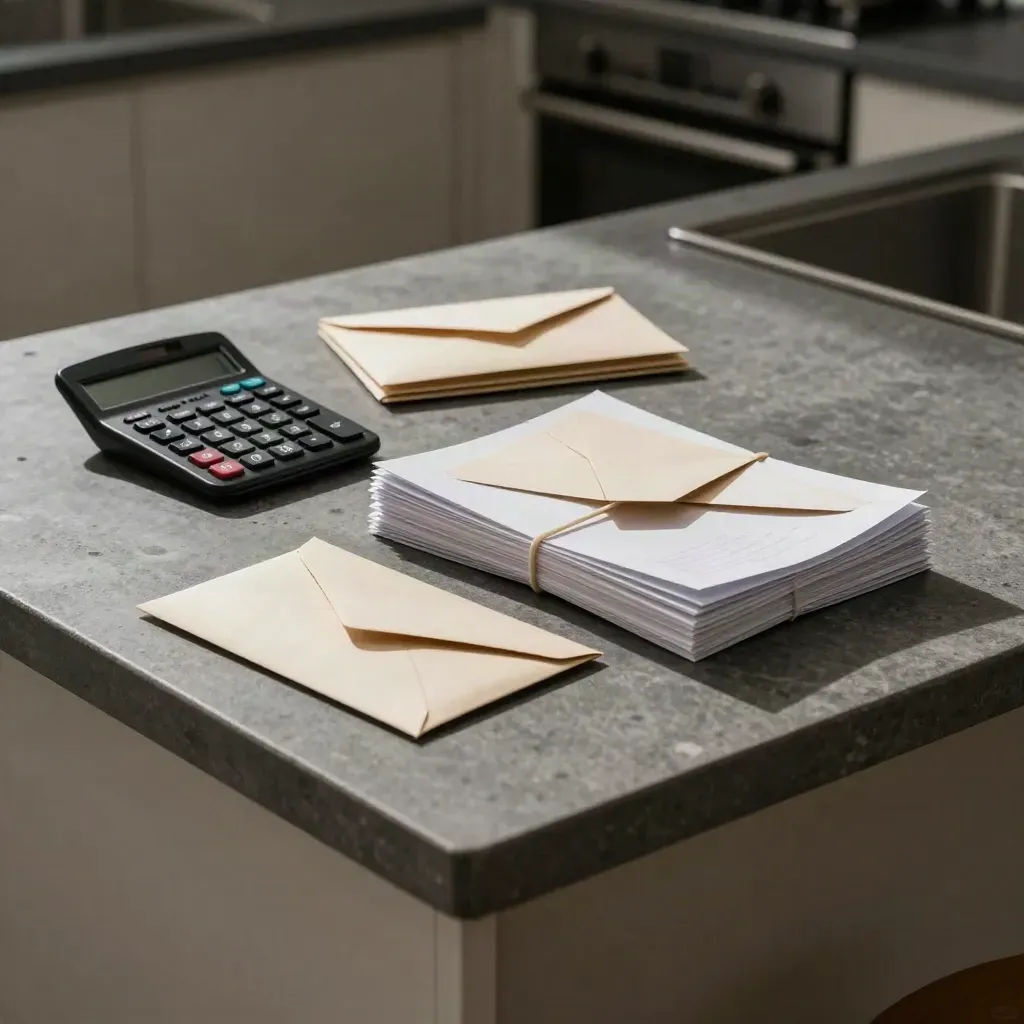 Late-night kitchen island with calculator, envelopes and paper piles under hard side light.