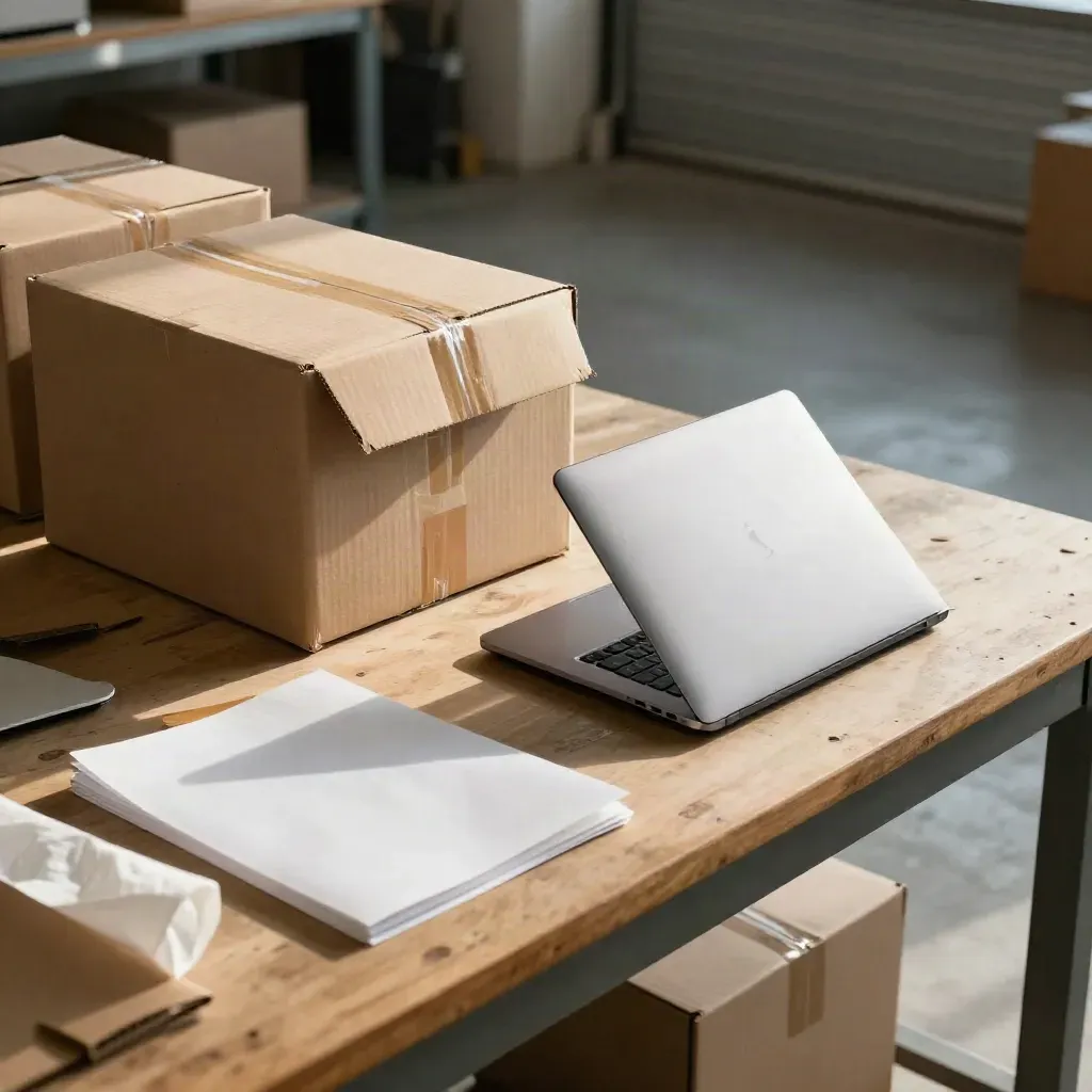 Workshop bench with shipping boxes, closed laptop and loan folder in soft daylight