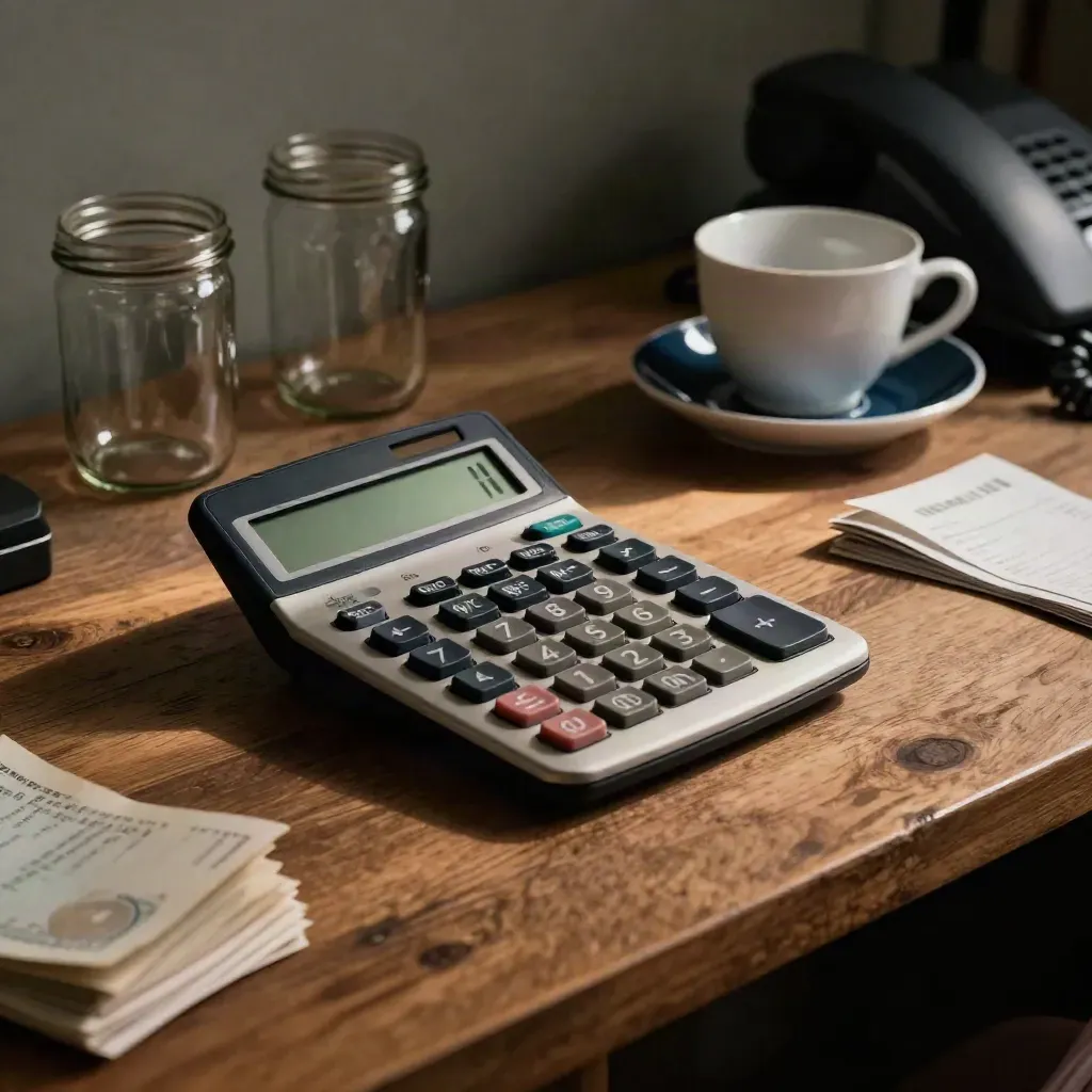 Top-down utility-room desk with calculator, empty jars, teacup and phone glow in evening heat