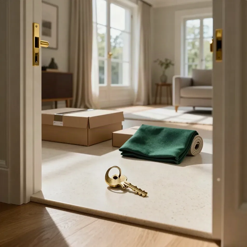 New-build living room floor with brass key, moving box and emerald fabric sample by open windows.