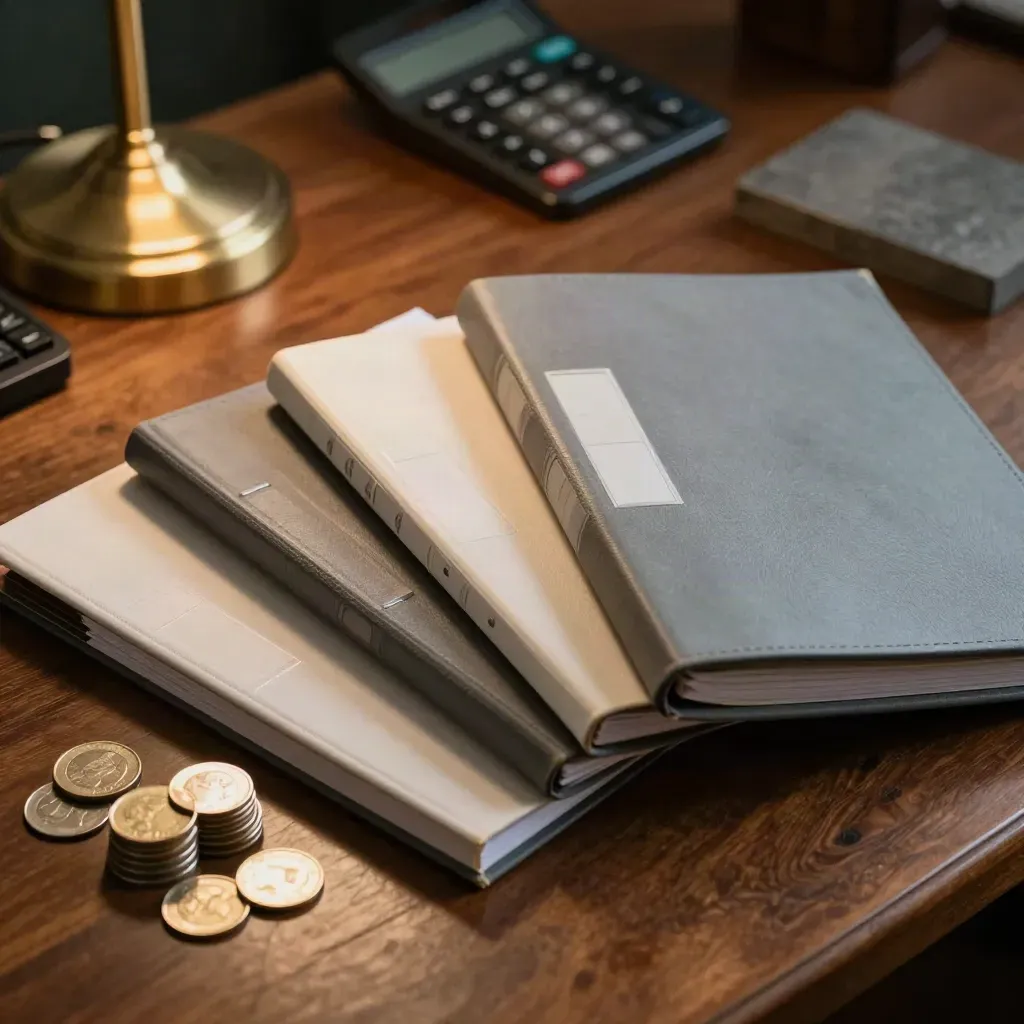 Three binders, coin stack and lamp base on a walnut finance desk, shot low and precise.