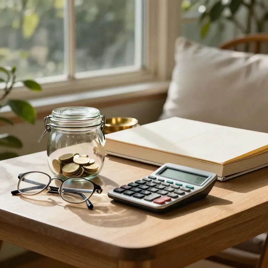 Sunlit conservatory side table with savings jar, glasses, calculator and gold accents.