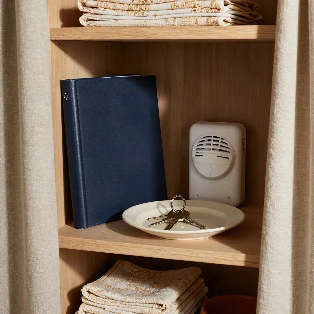 Linen cupboard shelf with policy folder, smoke alarm battery pack, keys on a ceramic plate.