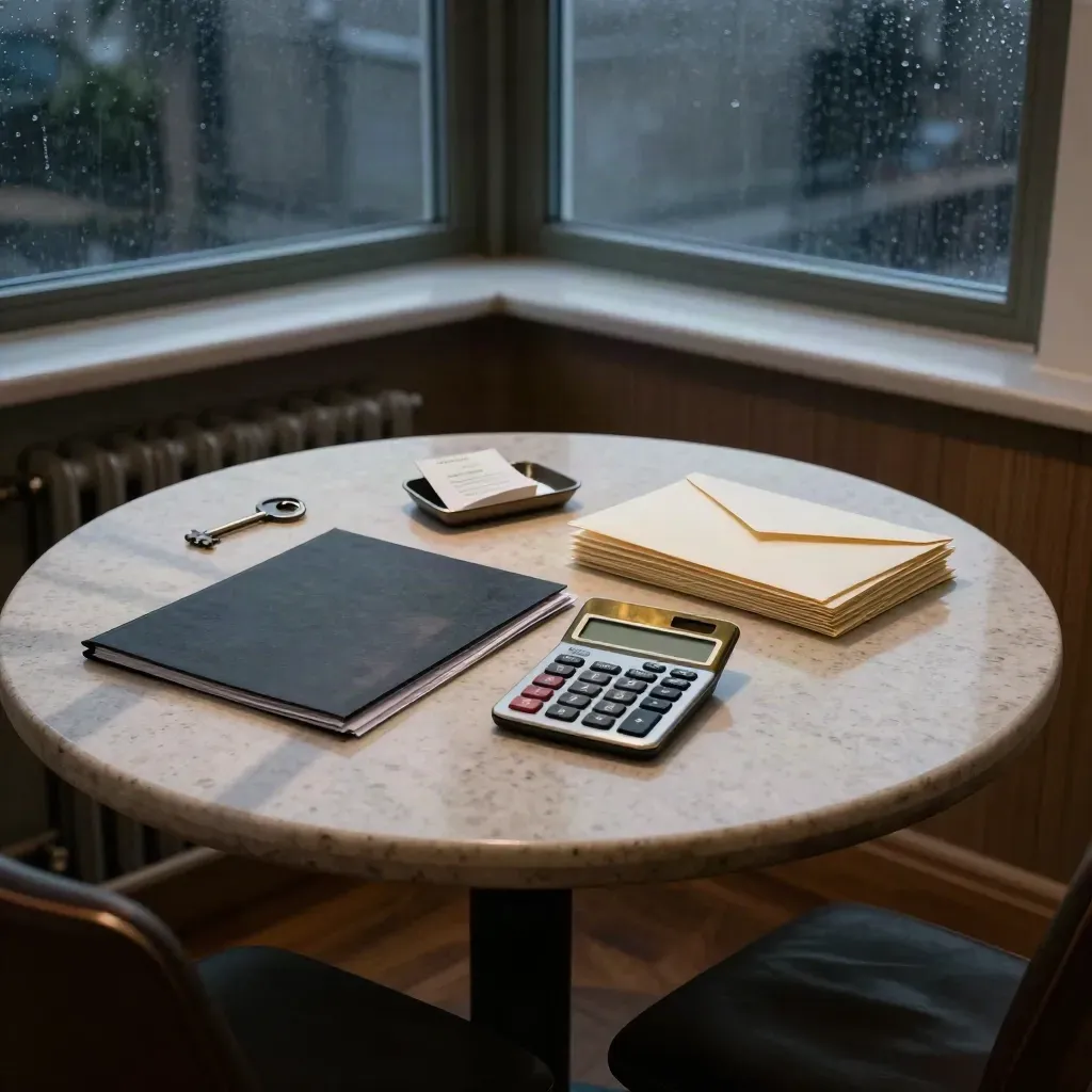 After-hours finance desk by a window with folders, calculator, and envelopes at dusk.