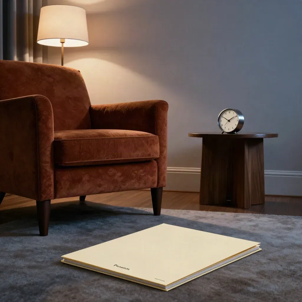 Blue-hour living room with armchair, closed pension folder, clock and lamp, seen from floor level.