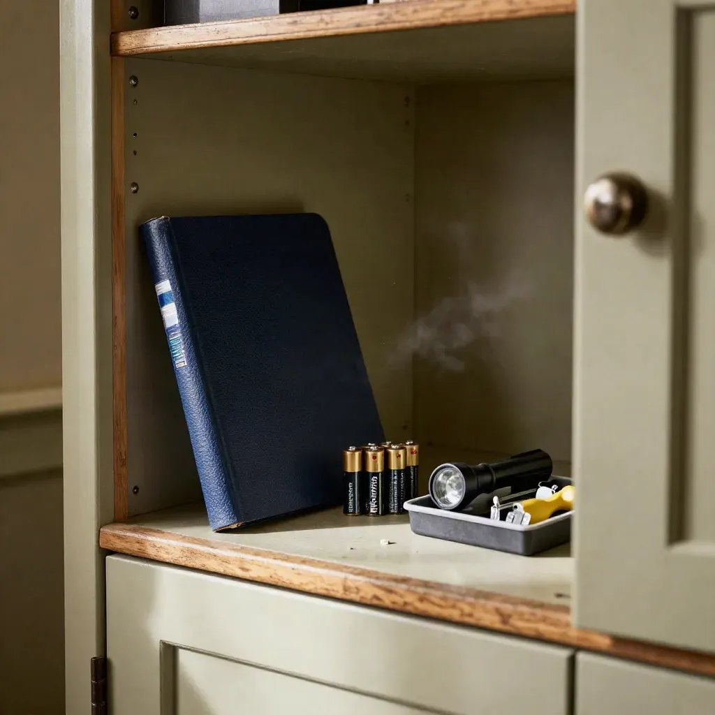 Open utility cupboard with a policy folder, spare batteries and a home-tool tray in warm afternoon light.