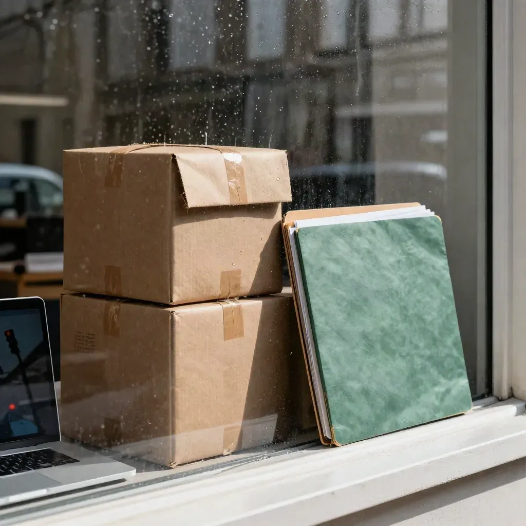 Rain-streaked office window with parcels, laptop and loan folder in a finance scene
