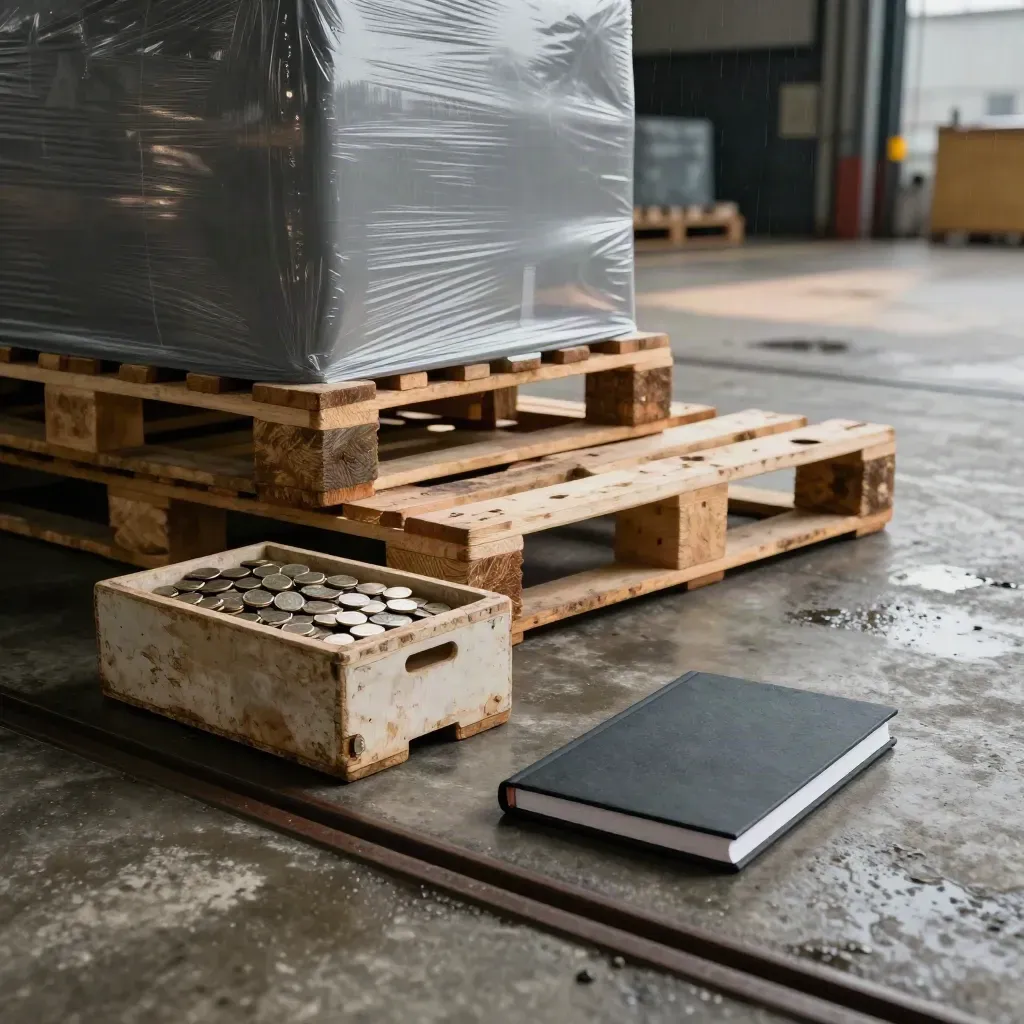 Loading bay still life with pallet stacks, coin tray and closed notebook in wet light