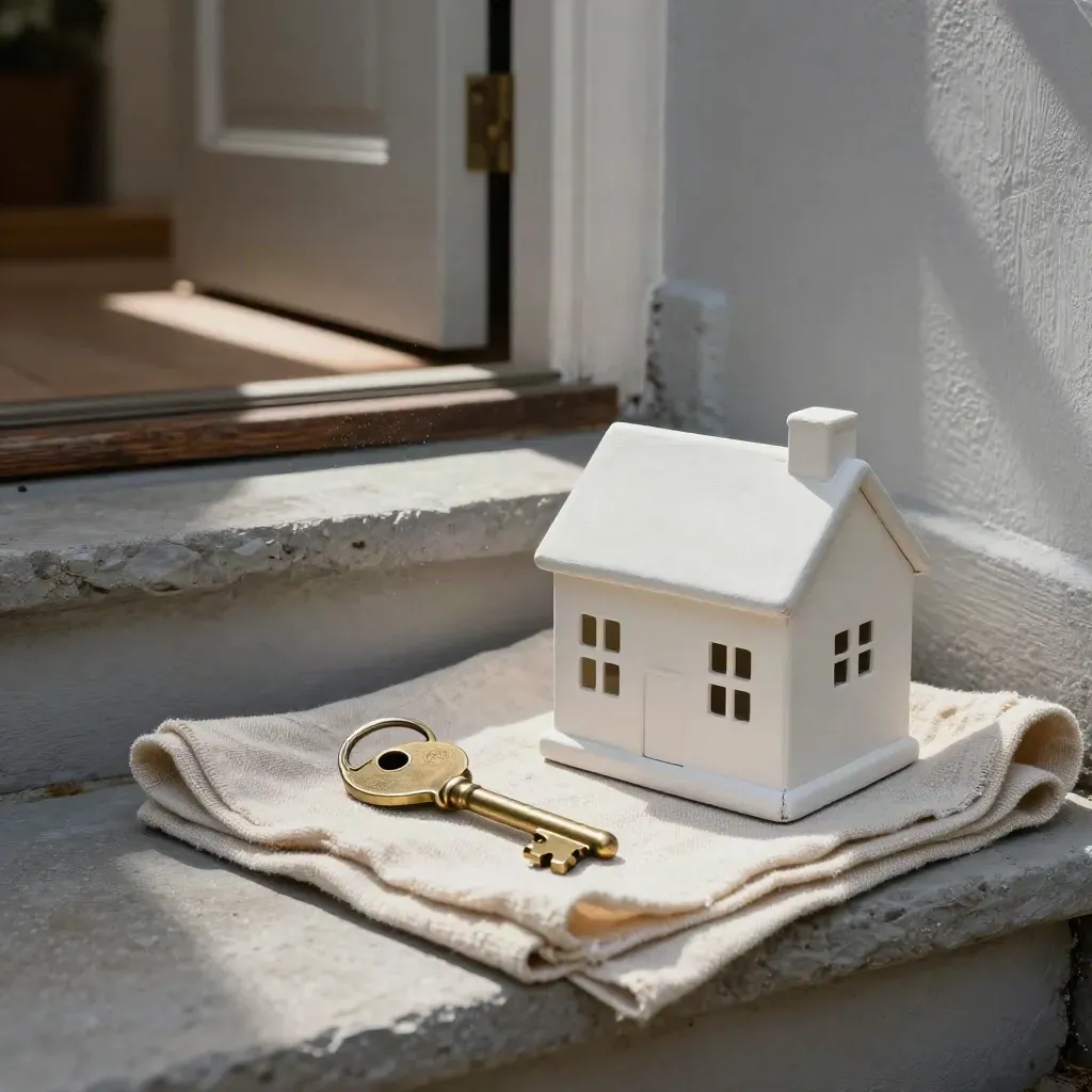 Brass key and moving cloth beside a small house model on a terrace doorstep in warm afternoon light