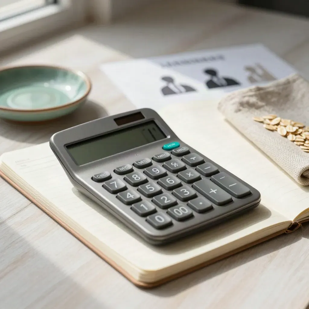 Matte calculator, ledger pad, ceramic dish and folded cloth on pale wood.