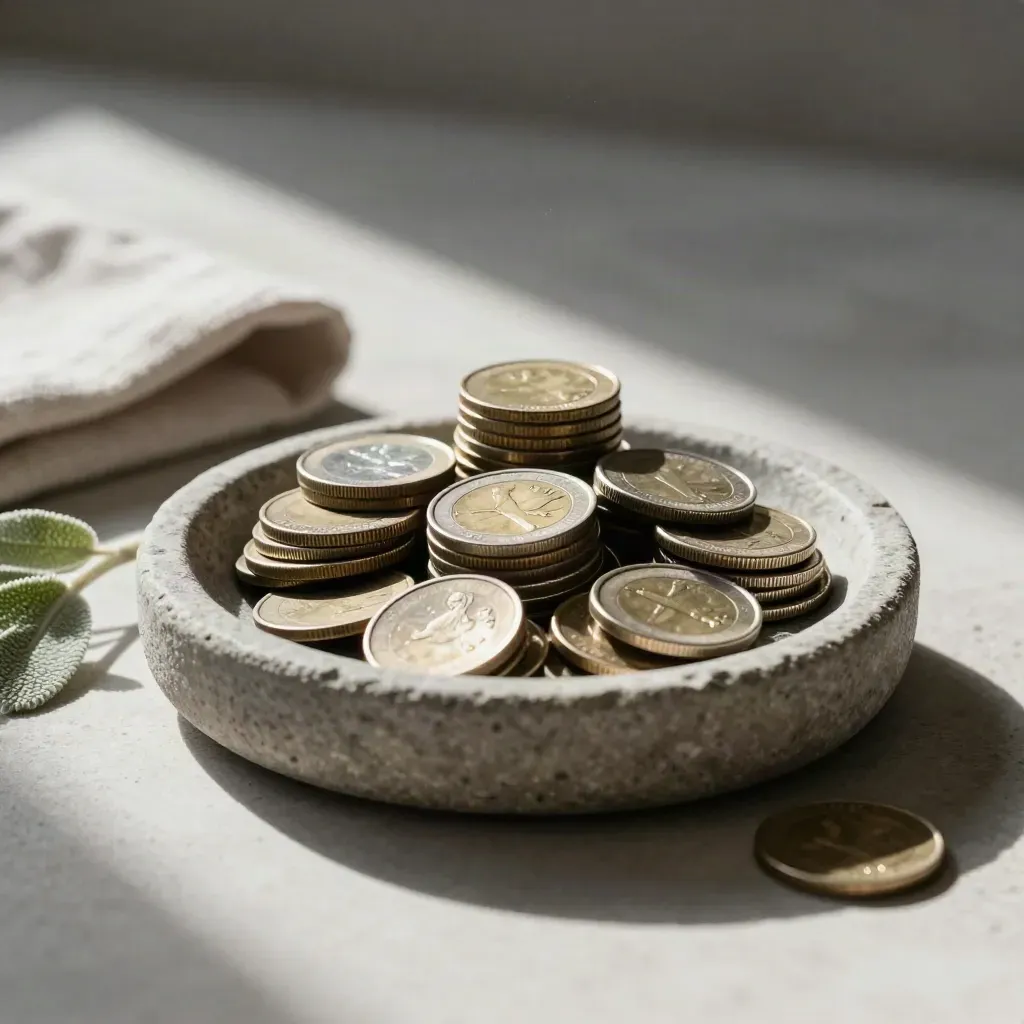 Overhead stone dish of stacked coins with linen and sprig on pale stone.