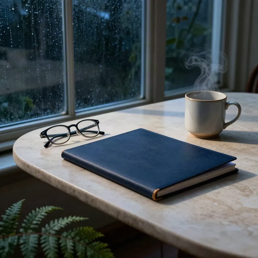Blue-hour conservatory table with glasses, a closed savings folder, and a steaming mug in cool reflections.