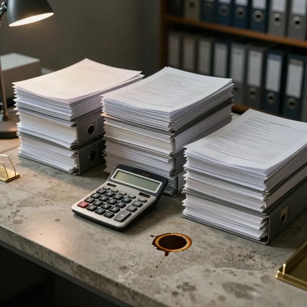 Binder stacks, calculator and coffee ring on concrete under warm upper-left lamp spill.
