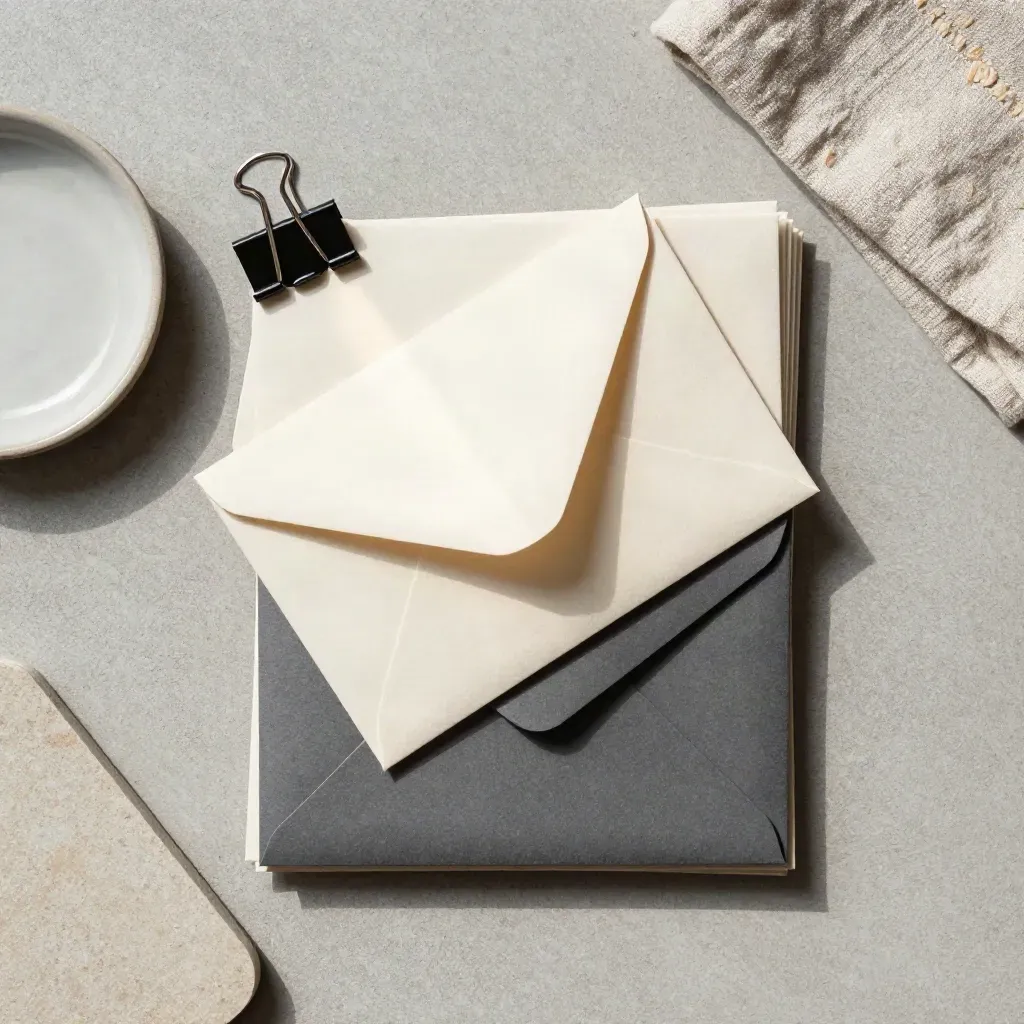 Top-down still life of envelopes clipped together beside a ceramic dish and folded cloth on stone.