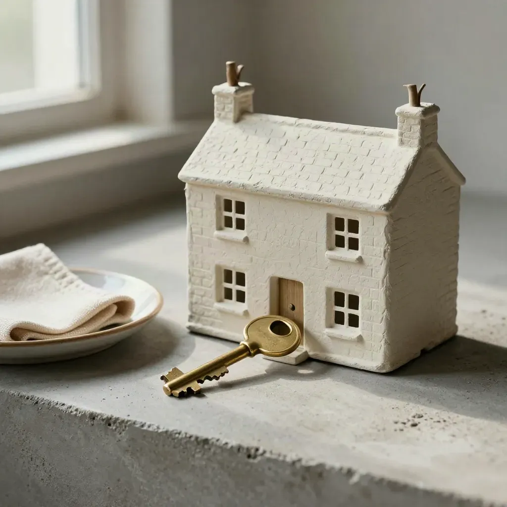 Brass house key with miniature terraced house and ceramic dish on concrete, lit like a mortgage campaign.